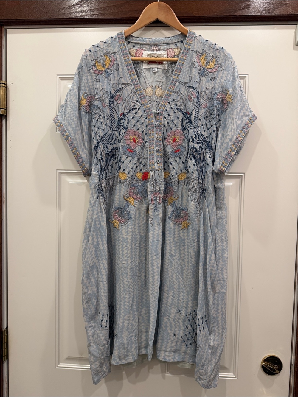 Johnny Was Biya Light Blue Embroidered V-Neck Women’s Dress